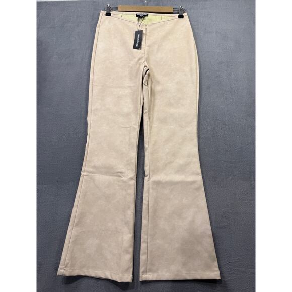 PrettyLittleThing Pants - NWT Pretty Little Thing Petite Faux Leather Zip Front Flared Trousers Stone Sz 8
